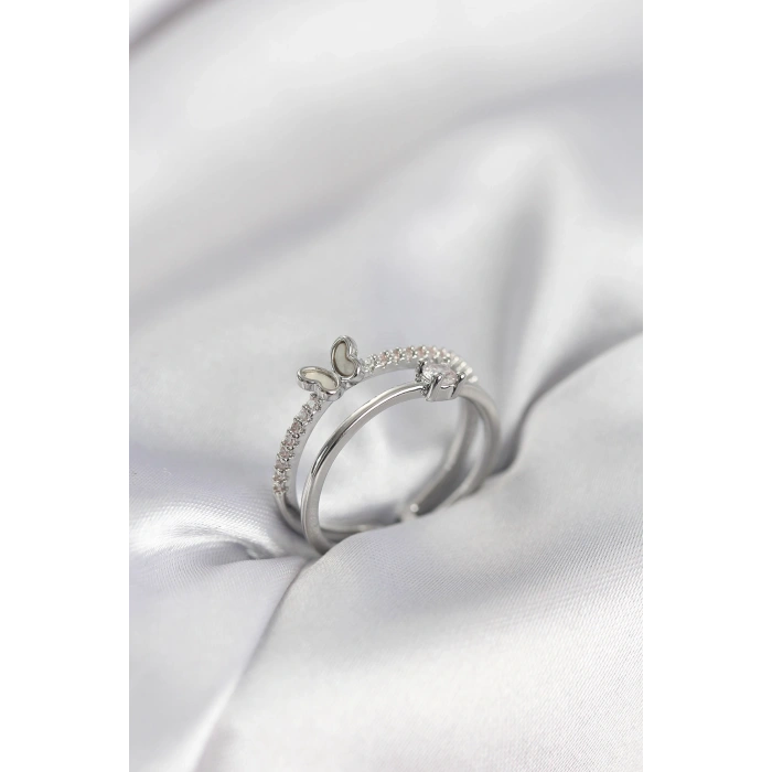 Gümüş Renk 2li Zirkon Taşlı Kelebek Model Kadın Yüzük