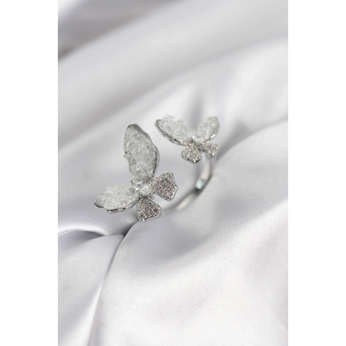 Gümüş Renk Beyaz Kelebek Model Zirkon Taşlı Kadın Yüzük