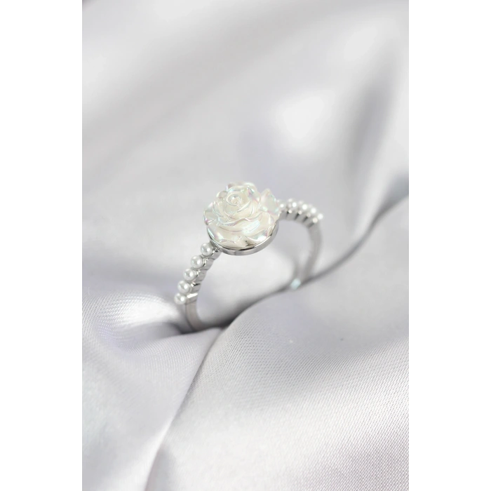 Gümüş Renk Gül Model İncili Kadın Yüzük
