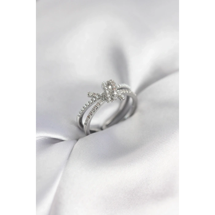 Gümüş Renk İncili Zirkon Taşlı Düğüm Kadın Yüzük
