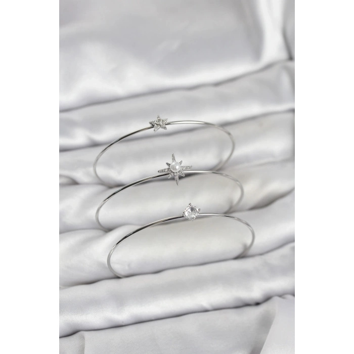 Gümüş Renk Kutup Yıldızı Model Zirkon Taşlı 3lü Kadın Bileklik Kombini