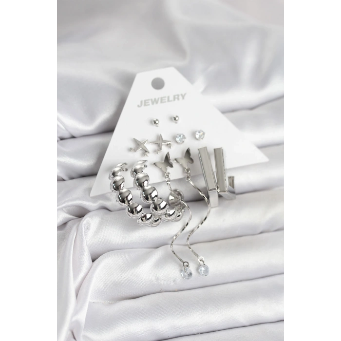 Gümüş Renk Pirinç 6lı Kadın Küpe Seti