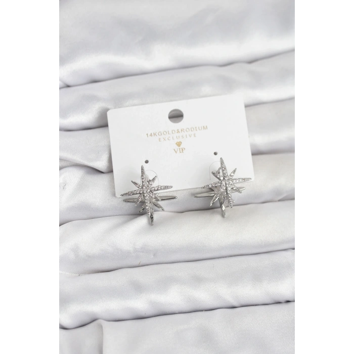 Gümüş Renk Pirinç Çift Taraflı Kutup Yıldızı Kadın Küpe