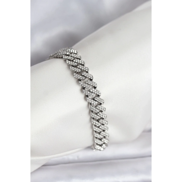 Gümüş Renk Pirinç Cuba Chain Gurmet Bileklik