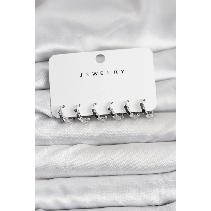 Gümüş Renk Pirinç Minimal Petek Detaylı Kadın Küpe Seti