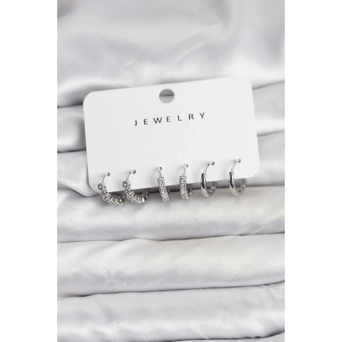 Gümüş Renk Pirinç Zirkon Taşlı Kadın Küpe Seti