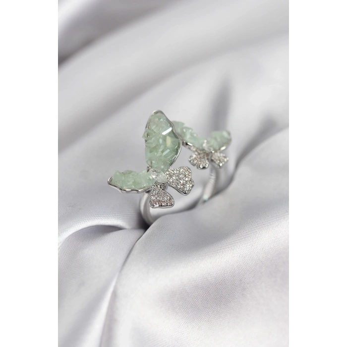 Gümüş Renk Su Yeşili Kelebek Model Zirkon Taşlı Kadın Yüzük
