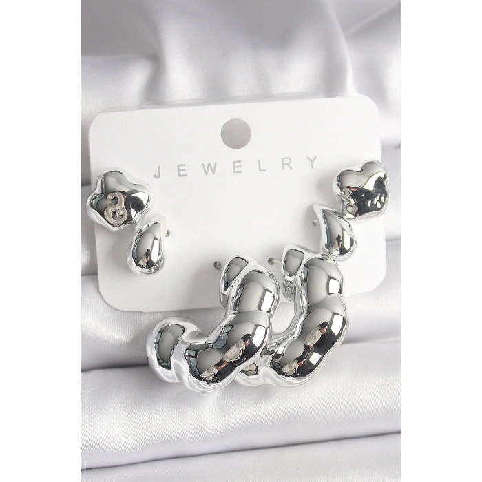 Gümüş Renk Yonca Damla Halka Model CCB Plastik Kadın Küpe Seti