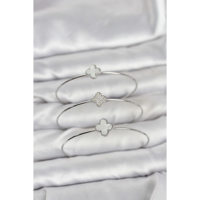 Gümüş Renk Yonca Model Zirkon Taşlı 3lü Kadın Bileklik Kombini