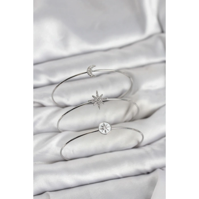 Gümüş Renk Zirkon Taşlı Kutup Yıldızı Model 3lü Kadın Bileklik Kombini