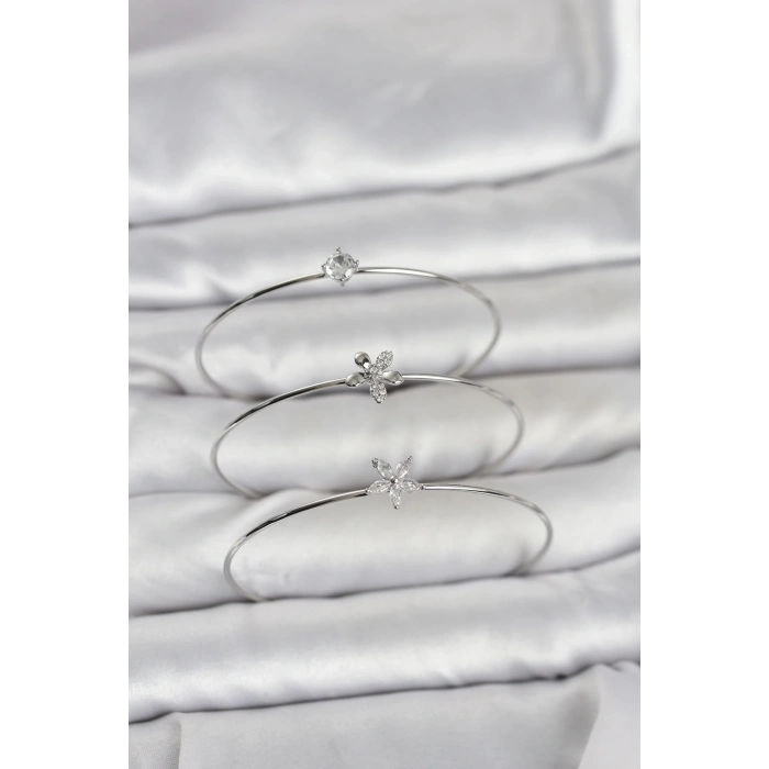 Gümüş Renk Zirkon Taşlı Pirinç 3lü Kadın Bileklik Kombini