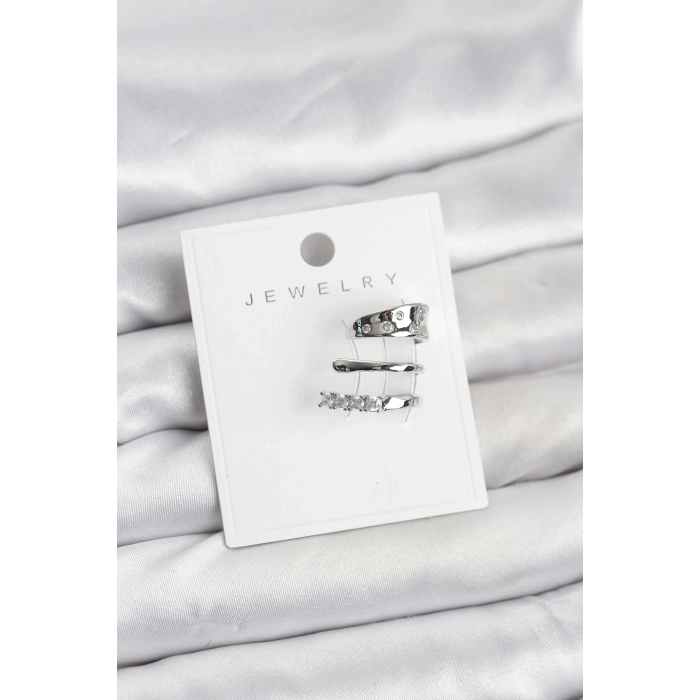 Gümüş Renk Zirkon Taşlı Pirinç Kıkırdak Küpe