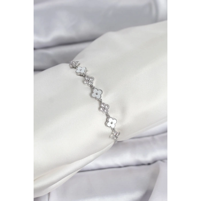 Gümüş Renk Zirkon Taşlı Sıralı Yonca Model Asansörlü Kadın Bileklik