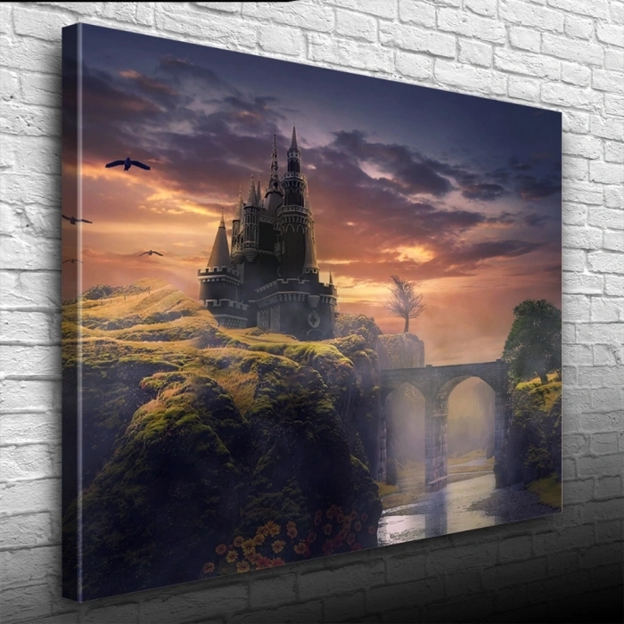 Gün batımı Köprülü Mistik Şato Kanvas Tablo 50 x 70