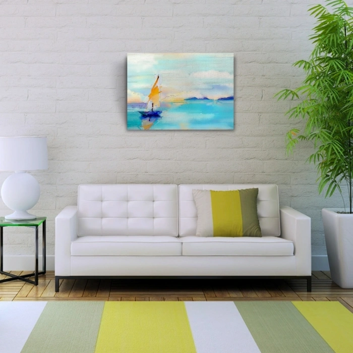 Gündoğumun `da Deniz ve Yelkenli Yağlıboya Kanvas Tablo 50 x 70