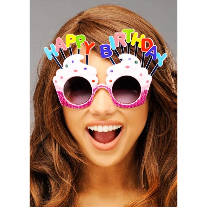 Happy Birthday Yazılı Beyaz Fuşya Renk Beyaz Pastalı Parti Gözlüğü 12x7 cm