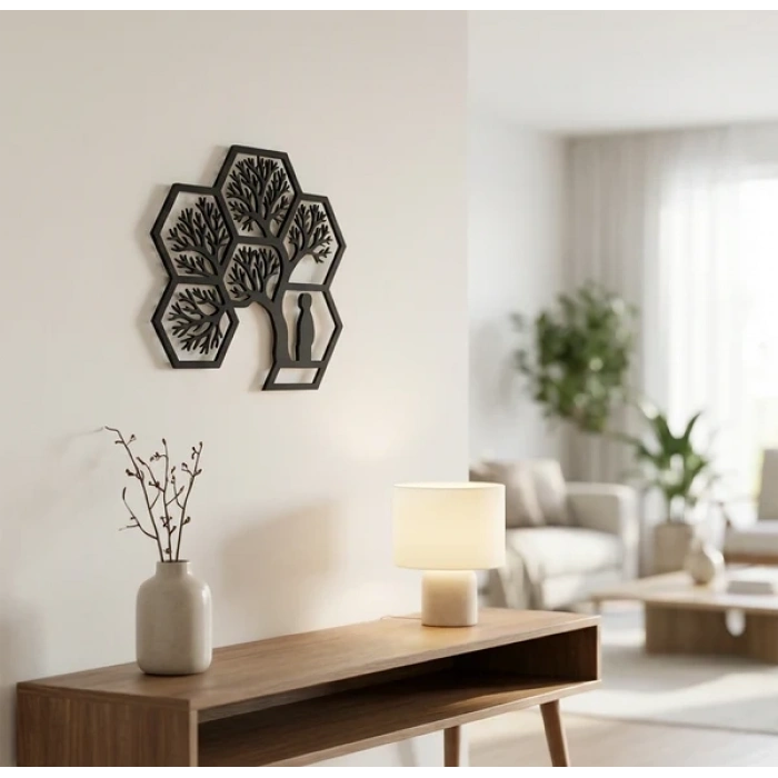 Hayat Ağacı Duvar Tablosu MDF Lazer Kesim Altıgen Geometrik Modern Duvar Süsü