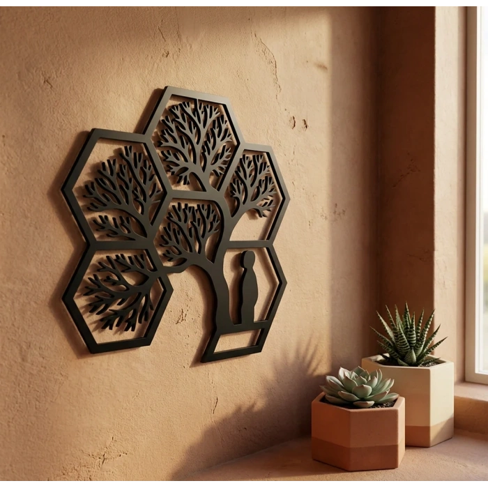 Hayat Ağacı Duvar Tablosu MDF Lazer Kesim Altıgen Geometrik Modern Duvar Süsü