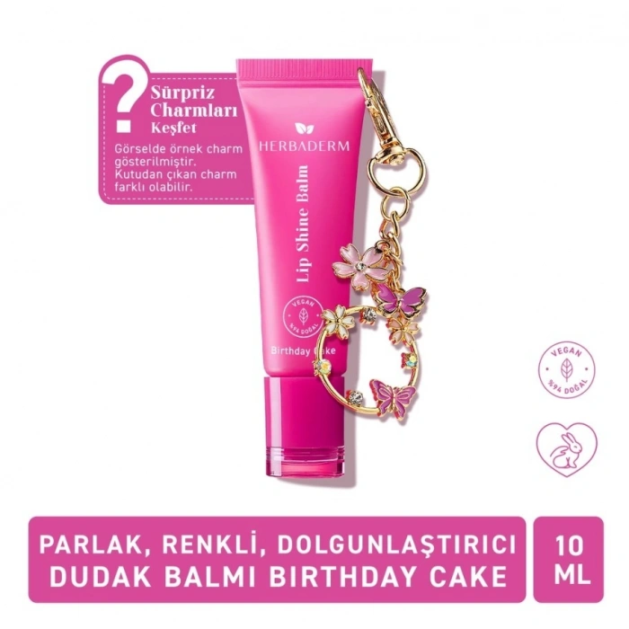 Herbaderm Parlak Dudak Balmı Birthday Cake Aromalı 10 ml (Charm Hediyeli)
