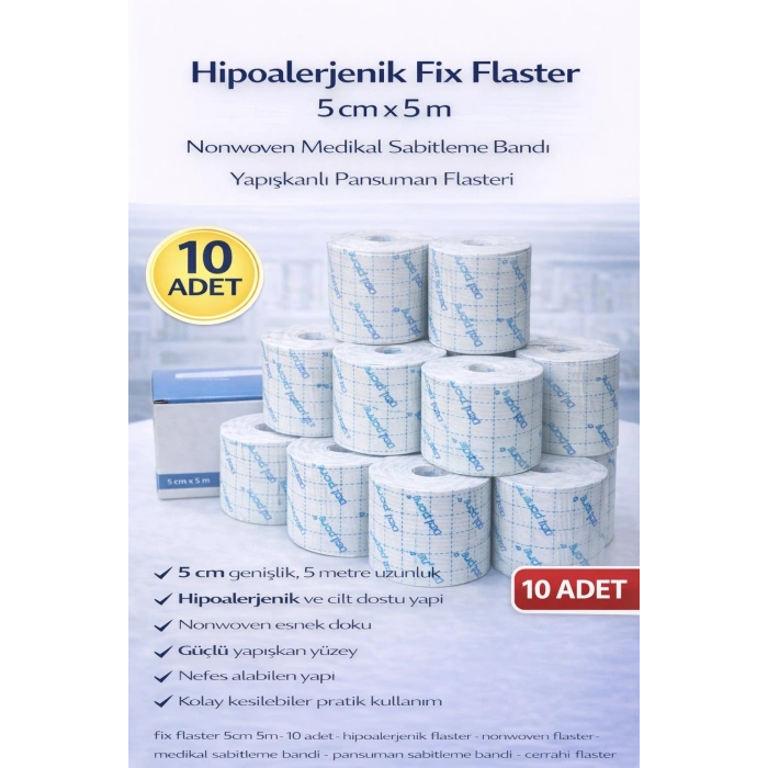 Hipoalerjenik Fix Flaster 5 cm x 5 m 10 Adet Nonwoven Medikal Sabitleme Bandı Yapışkanlı Pansuman Flasteri