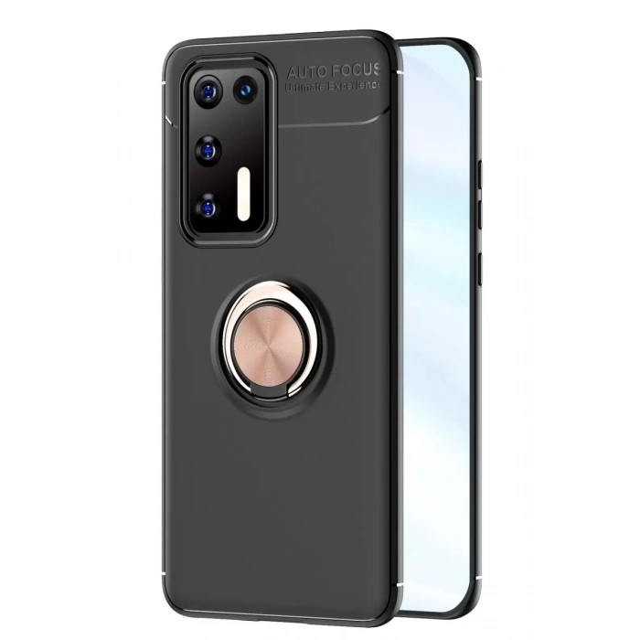 Huawei P40 Kılıf Range Yüzüklü Silikon - Siyah-Gold