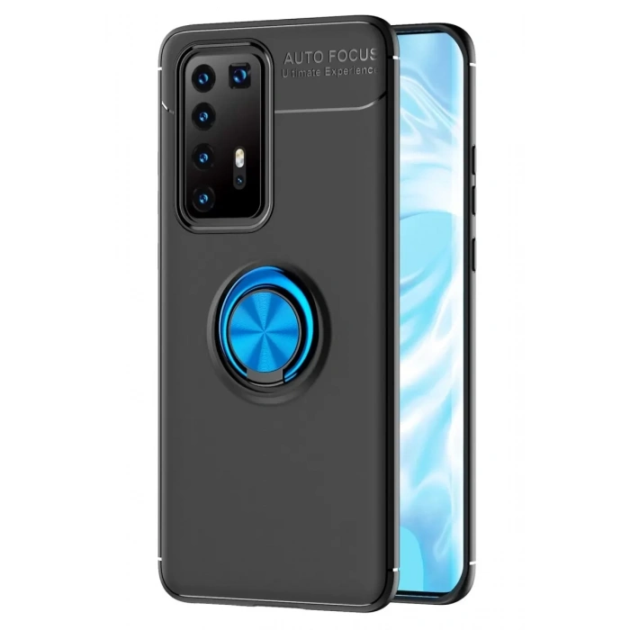 Huawei P40 Pro Kılıf Range Yüzüklü Silikon - Siyah-Mavi