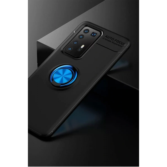 Huawei P40 Pro Kılıf Range Yüzüklü Silikon - Siyah-Mavi