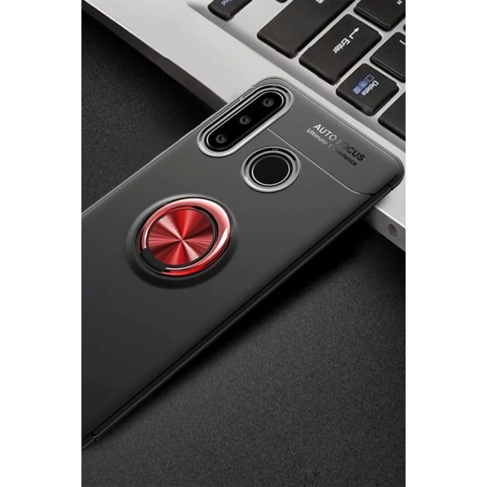 Huawei Y6P Kılıf Range Yüzüklü Silikon - Siyah-Kırmızı