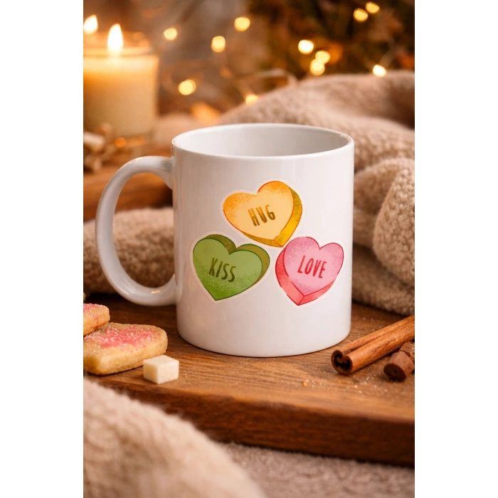 Hug Kiss Love Model 10 Porselen Kupa – Cıvıl Cıvıl Kalpli Tasarım, Sevgiliye & Hediye Kupası