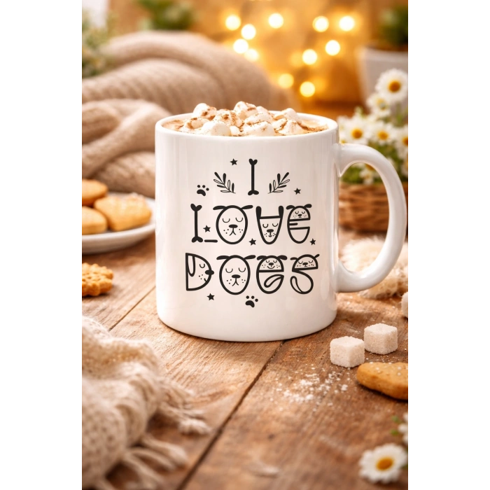 I Love Dogs Tasarımlı Porselen Kupa MODEL 64 – Sevimli Köpek Figürlü, Kahve & Çay Kupası