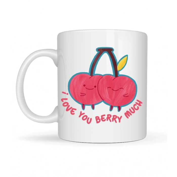 I Love You Berry Much Tasarımlı Kupa Model 12 Sevimli Kiraz Desenli Porselen Kahve Kupası - Hediye Fincanı