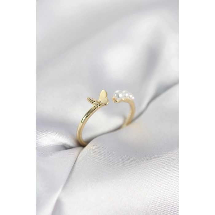 İncili Kelebek Model Gold Renk Pirinç Kadın Yüzük