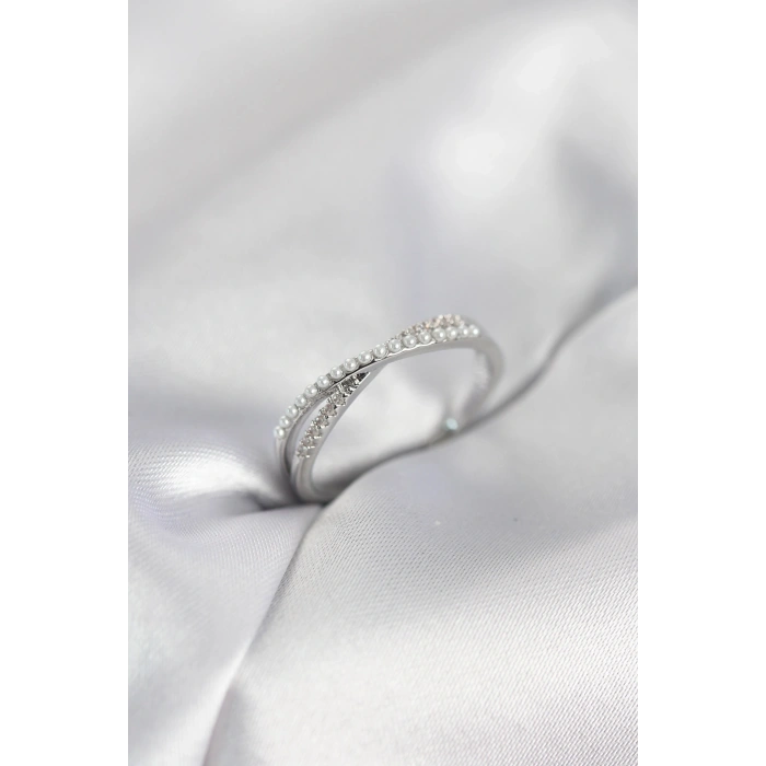 İncili ve Zirkon Taşlı Gümüş Renk Kadın Yüzük