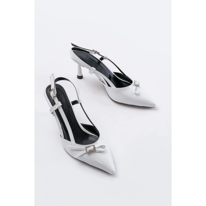 İNF-2300 Beyaz Rugan Günlük Arkası Açık Fiyonklu Topuklu Bayan Ayakkabı