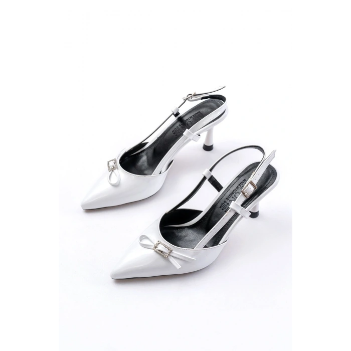 İNF-2300 Beyaz Rugan Günlük Arkası Açık Fiyonklu Topuklu Bayan Ayakkabı