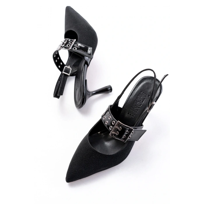 İNF-260 Siyah Simli Günlük Arkası Açık Baret Tokalı Topuklu Bayan Ayakkabı