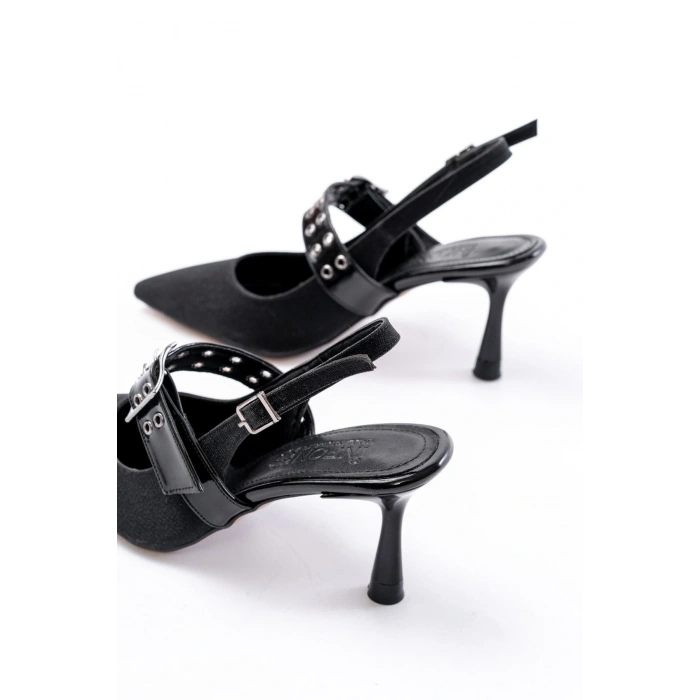 İNF-260 Siyah Simli Günlük Arkası Açık Baret Tokalı Topuklu Bayan Ayakkabı