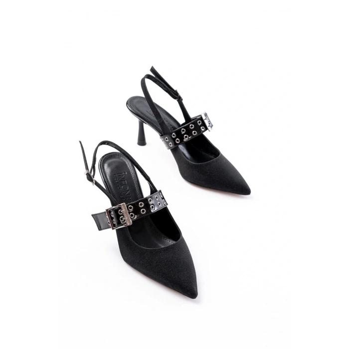 İNF-260 Siyah Simli Günlük Arkası Açık Baret Tokalı Topuklu Bayan Ayakkabı