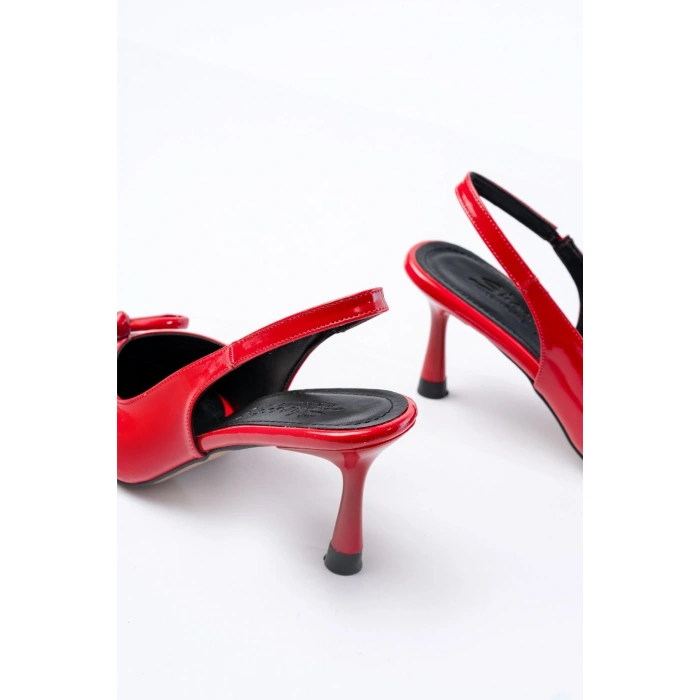 İNF-4500 Kırmızı Rugan Günlük Arkası Açık Fiyonklu Topuklu Bayan Ayakkabı