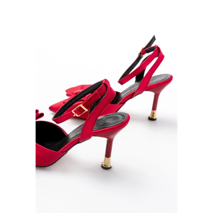 İNF-4505 Bordo Saten Günlük Arkası Açık Kurdele detaylı Topuklu Bayan Ayakkabı