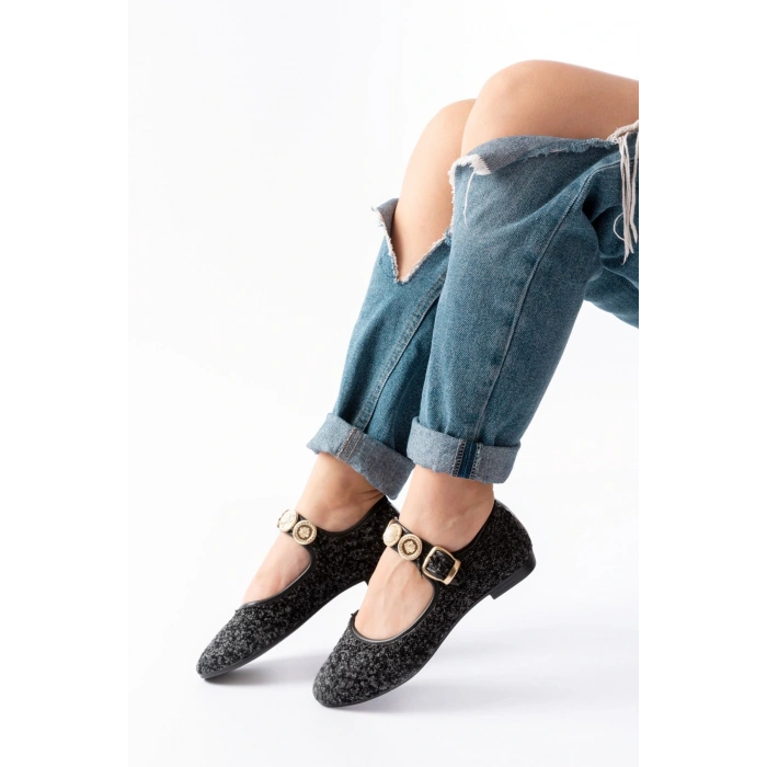 İNF-6363 Siyah Havlu Desenli Baret Tokalı Günlük Bayan Ayakkabı