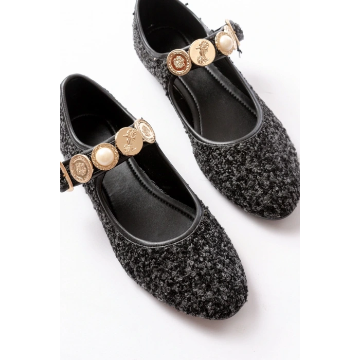 İNF-6363 Siyah Havlu Desenli Baret Tokalı Günlük Bayan Ayakkabı