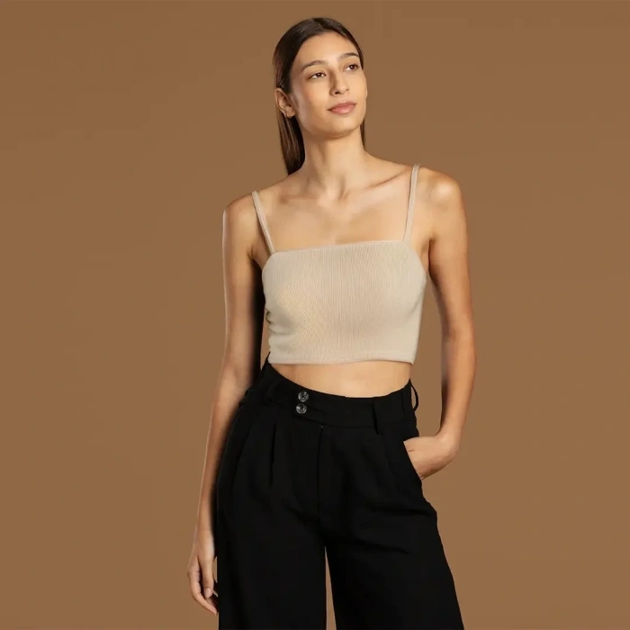 İp Askılı Fitilli Pamuk Örme Kısa Crop Atlet 40 cm