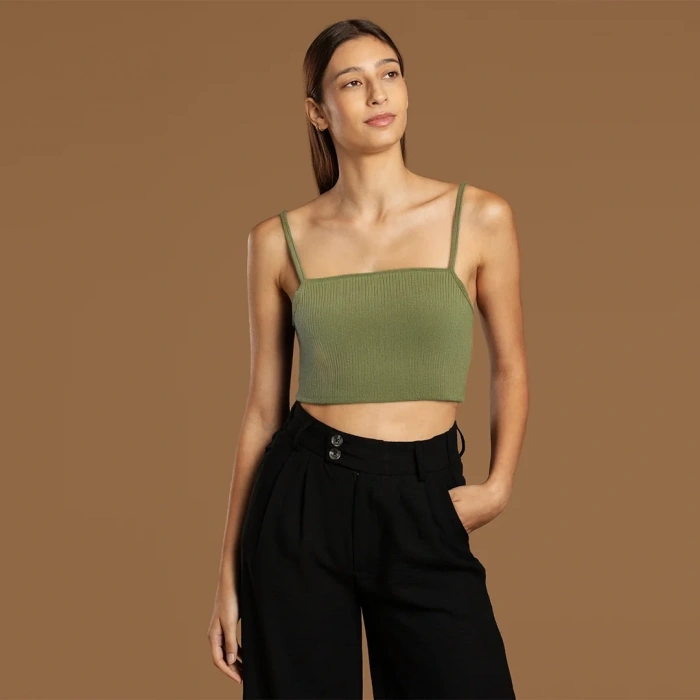 İp Askılı Fitilli Pamuk Örme Kısa Crop Atlet 40 cm