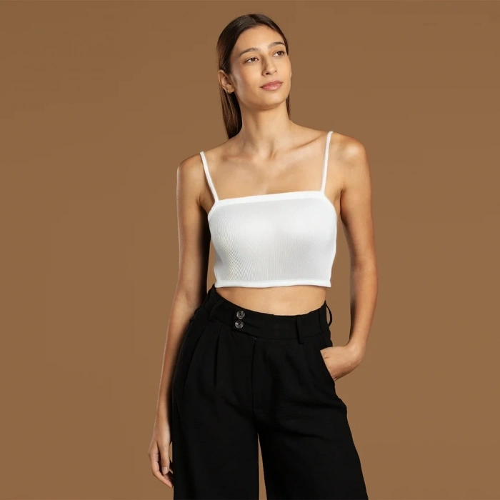 İp Askılı Fitilli Pamuk Örme Kısa Crop Atlet 40 cm