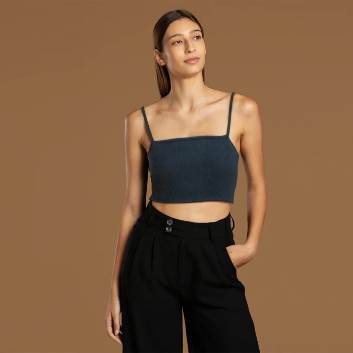 İp Askılı Fitilli Pamuk Örme Kısa Crop Atlet 40 cm