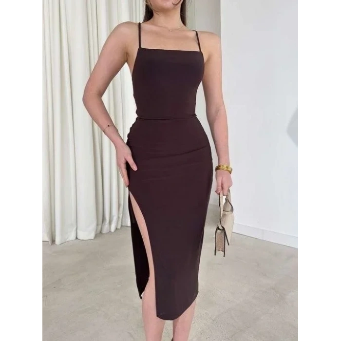 İp Askılı Sırt Dekolteli Bağlama Detaylı Yırtmaçlı Midi Elbise - Kahverengi