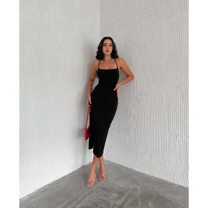 İp Askılı Sırt Dekolteli Bağlama Detaylı Yırtmaçlı Midi Elbise - Siyah