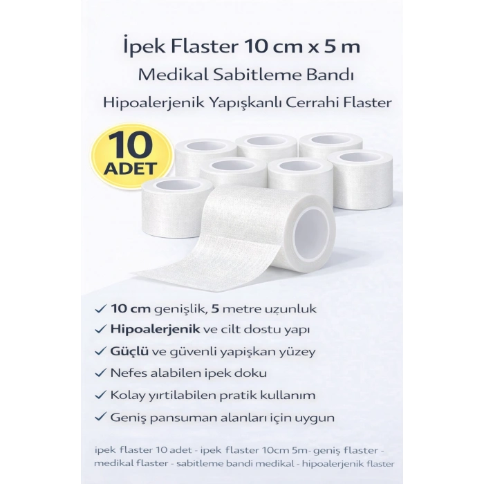 İpek Flaster 10 cm x 5 m 10 Adet Medikal Sabitleme Bandı Hipoalerjenik Yapışkanlı Cerrahi Flaster