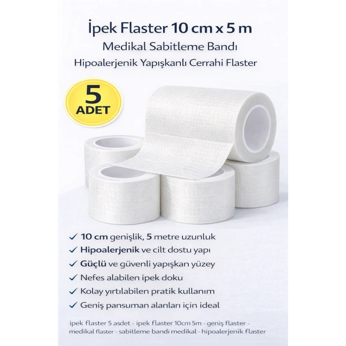 İpek Flaster 10 cm x 5 m 5 Adet Medikal Sabitleme Bandı Hipoalerjenik Yapışkanlı Cerrahi Flaster